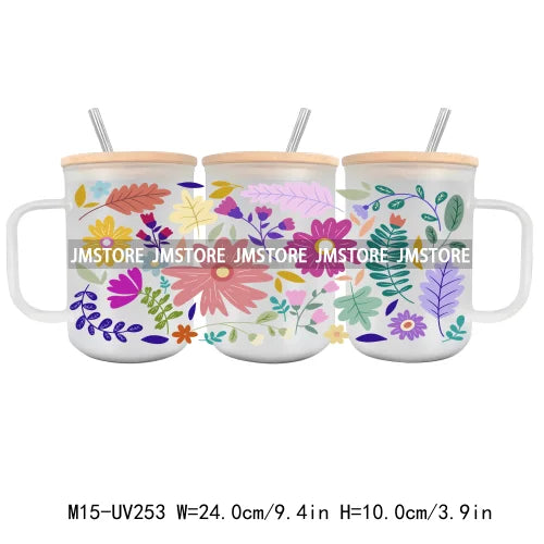 Floral Wildflowers Plants Butterfly UV DTF Glass Can Wrap For 15OZ Mug Coffee Cup Transfer Stickers DIY Custom Logo Labels