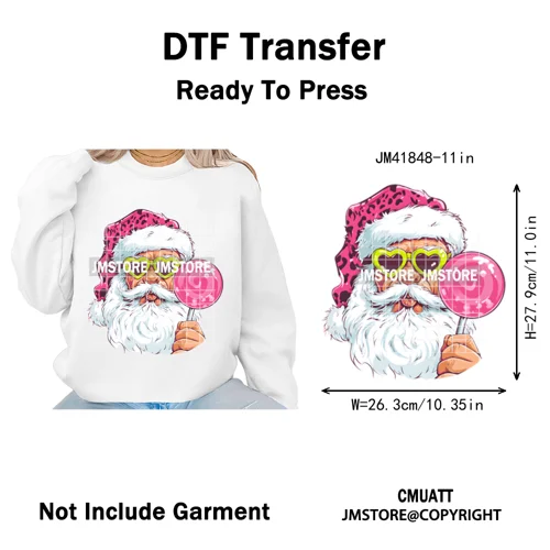 Pink Cartoon Glasses Coffee Drink Leopard Blowing Santa Claus Christmas Iron on DTF Transfer Stickers Ready to Press for T-shirt