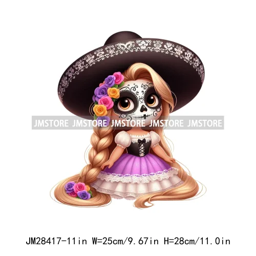 Colorful Day Of The Dead Catrina Princess Baby Girl Sombrero Hat Mexico Conchas Iron On DTF Heat Transfers Stickers For Clothing