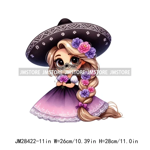 Colorful Day Of The Dead Catrina Princess Baby Girl Sombrero Hat Mexico Conchas Iron On DTF Heat Transfers Stickers For Clothing