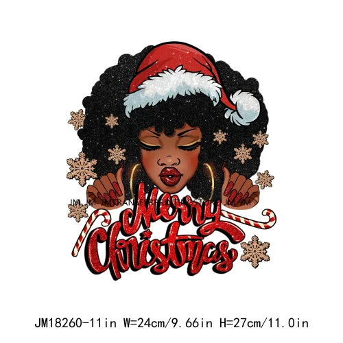 Merry Christmas Afro Girls Nails DTF Designs Festival Balck Women Just A Girl Who Love Christmas Transfer Stickers For Hoodies