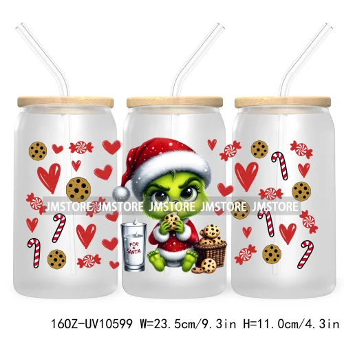 Cute Baby Green Character Christmas Season 16OZ UV Cup Wrap DTF Transfer Stickers For Libbey Glass Can Cups Tumbler Coquette Bow