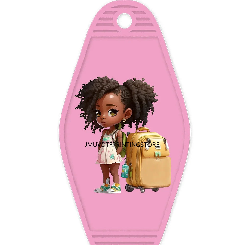 School Melanin Black Girls With Luggage High Quality WaterProof UV DTF Sticker For Motel Hotel Keychain Afro Children