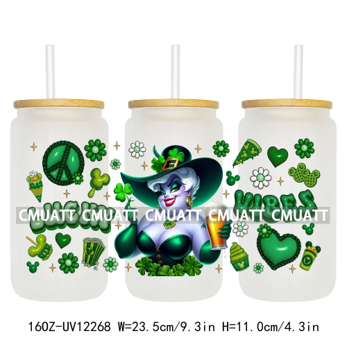 Happy St Patricks Cartoon Princess Characters Feeling Lucky Four Leaf Clover 16OZ UV DTF Cup Wrap Sticker For Libbey Glass Can