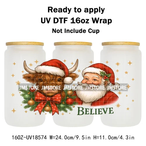 Howdy Christmas Western Highland Cow 16OZ UV DTF Cup Wraps Ready To Apply Waterproof Transfer Stickers For Libbey Glass Can