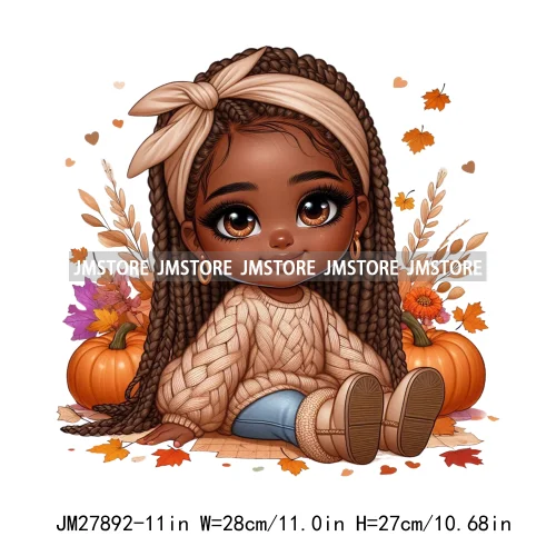 New Autumn Chibi Black Baby Girls Cartoon Afro Princess Pumpkin Fall Season DTF Iron On Heat Press Transfer Stickers For Hoodies