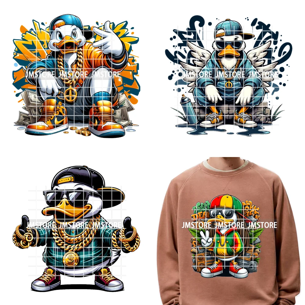 12in Cool Urban Trap Style King Animal Rich Ducks With Gold Chain Iron on DTF Heat Transfer Sticker Ready to Press for Clothing