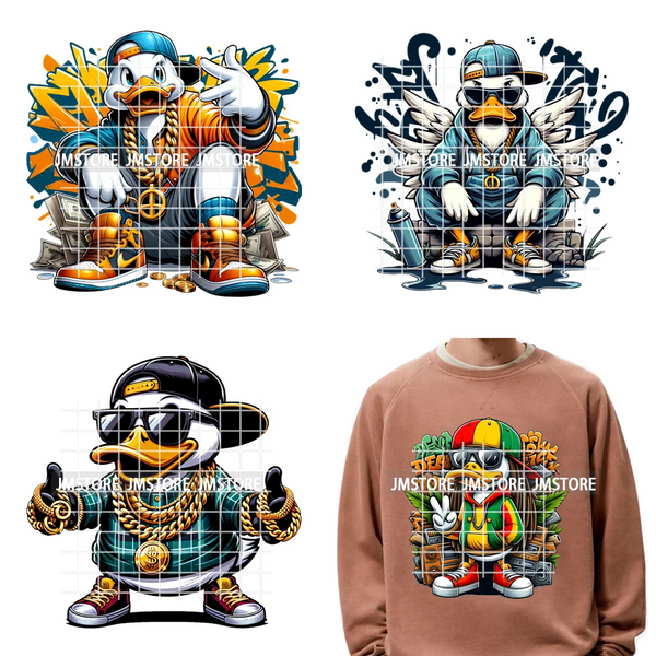 12in Cool Urban Trap Style King Animal Rich Ducks With Gold Chain Iron on DTF Heat Transfer Sticker Ready to Press for Clothing