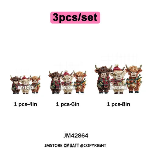 Faux Latch Hook Yarn Crochet Christmas Highland Cow Santa Iron on DTF Washable Transfer Stickers Ready to Press for Garment Bags
