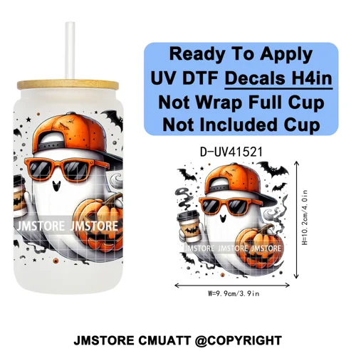Spooky Highland Cow Halloween Ghosts Pumpkin UV DTF Decals Ready To Apply Waterproof Transfer Stickers For 16OZ Libbey Glass Can