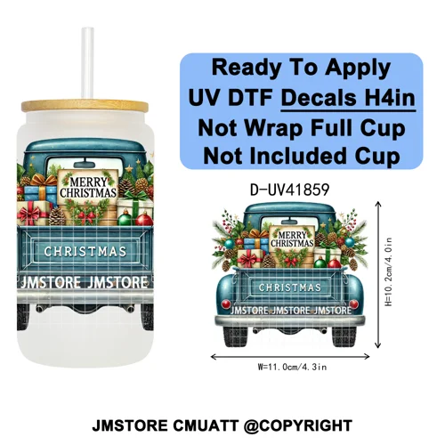 Watercolor Christmas Farm Truck Xmas Gifts UV DTF Transfer Stickers Decals Ready To Apply Waterproof For 16OZ Libbey Glass Can