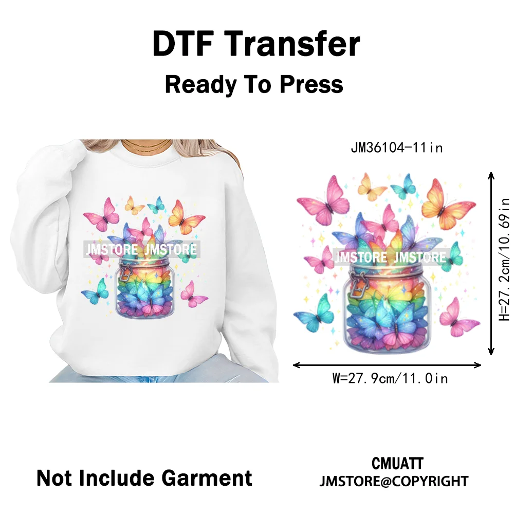 Colorful Sparkling Rainbow Butterflies Flowers Lovers Washable Iron on DTF Transfers Stickers Diy Ready to Press for Clothes