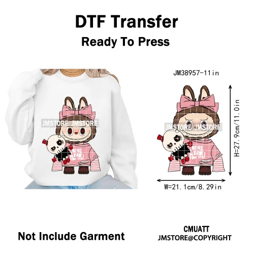 Coquette Bow Monster Doll Drinking Soda Bottle Thermal Printing Iron on DTF Washable Transfer Sticker Ready to Press for Clothes