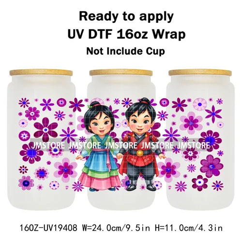 Kids Cartoon Character Flowers Butterfly 16OZ UV DTF Cup Wraps Ready To Apply Waterproof Transfer Stickers For Libbey Glass Can