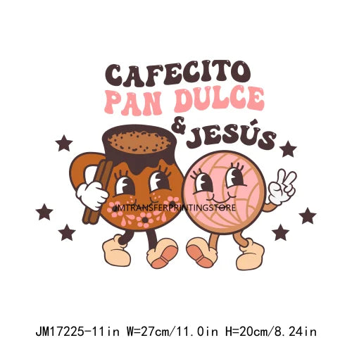 Latin Culture Tacaos Cafecito ChoColatito Pan Dulce Jesus Concha Designs DTF Let's Fiesta Mexican Transfers Stickers For Clothes