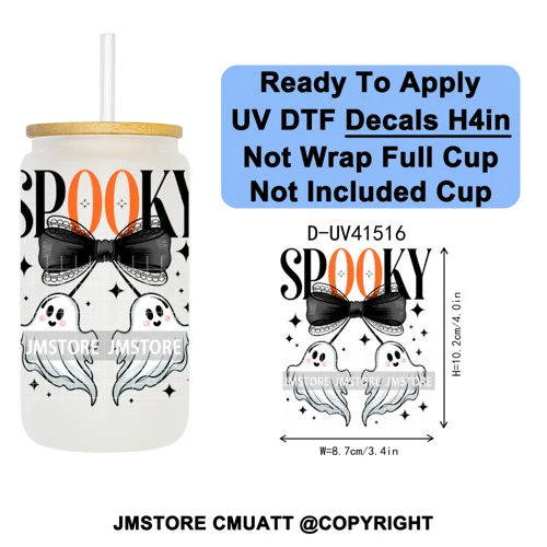 Spooky Highland Cow Halloween Ghosts Pumpkin UV DTF Decals Ready To Apply Waterproof Transfer Stickers For 16OZ Libbey Glass Can