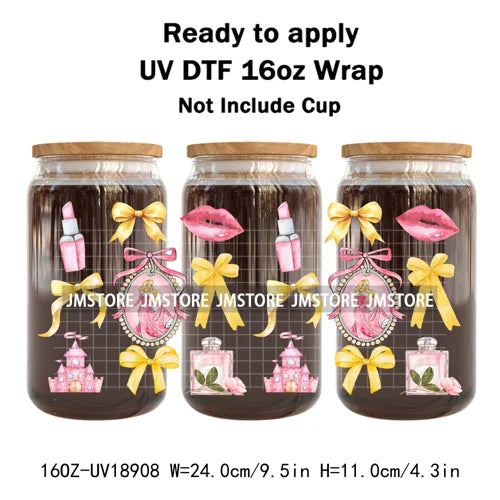 Coquette Bow Cartoon Princess Mirror UV DTF Cup Wrap Ready To Apply Transfer Stickers Waterproof Logo For 16OZ Libbey Glass Can