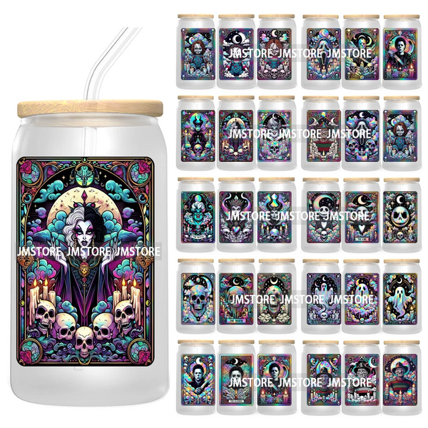 Horror Characters Tarot Card Halloween 16OZ UV Cup Wrap DTF Transfer Stickers For Libbey Glass Can Cup Tumbler Waterproof Labels