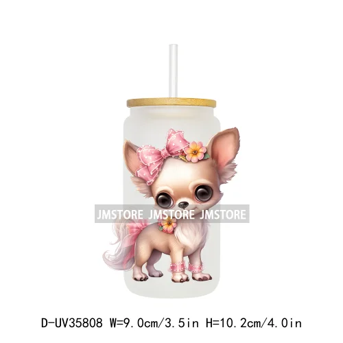 Cute Puppy Coquette Bow Baby Dog UV DTF Transfer Stickers Decals Ready To Apply Waterproof For 16OZ Libbey Glass Can Cup Tumbler