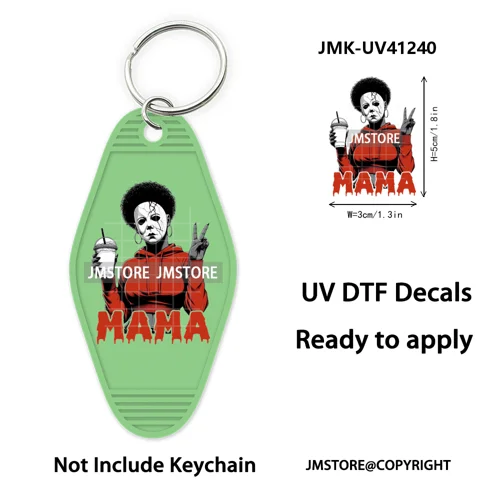 Horror Character Mama Coffee Lover UV DTF Motel Keychain Decal Ready To Ship Durable Transfer Stickers Prints For Hotel Keychain
