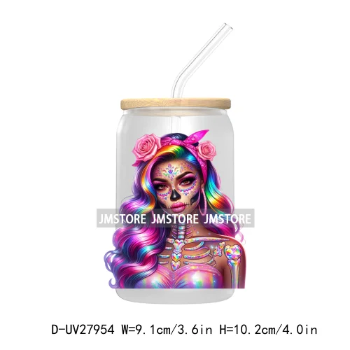 Rainbow Diamond Glamor Latina Skeleton UV DTF Transfer Stickers Decals For Libbey Cold Cups Mugs Tumbler Chicana Latina Woman