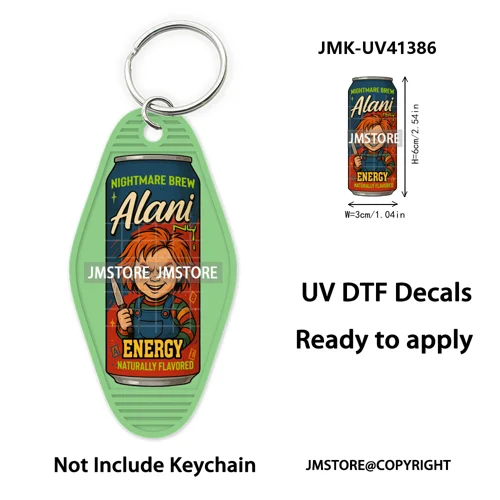 Halloween Horror Killer Energy Drink UV DTF Motel Keychain Decal Ready To Ship Durable Transfer Stickers Logo For Hotel Keychain