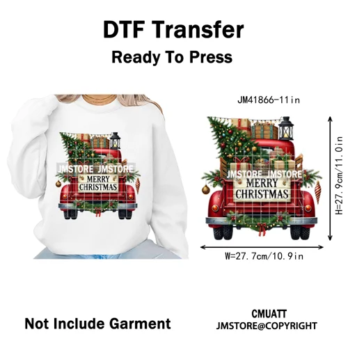 Christmas Pickup Truck Car Winter Tree Snowy Holiday Decoration Iron on DTF Heat Transfers Stickers Ready to Press for Clothing