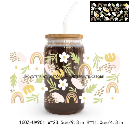 Colorful Wild Floral Flowers 16OZ UV DTF Cup Wrap Transfers Stickers Custom Labels DIY Waterproof Logo For Libbey Glass Can