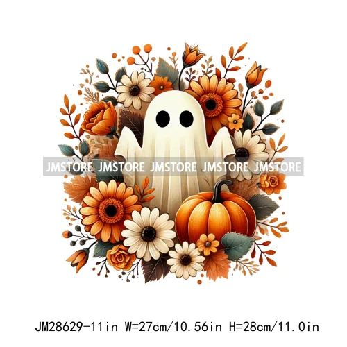 Cute Fall Florals Spooky Ghost Halloween Pumpkins Leaves Autumn  Iron On DTF Transfers Stickers Ready To Press For T-shirts Bags