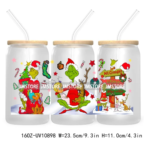 Retro Christmas Mean Guy UV DTF Cup Wrap For Libbey Glass Can Transfer Stickers Waterproof Custom Labels Merry Greenmas Xmas