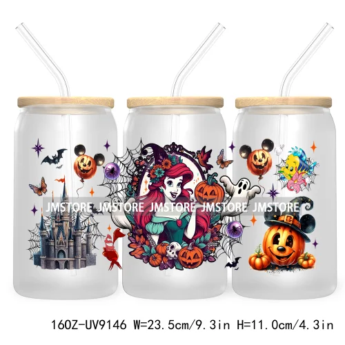 New Trendy Cartoon Princess Halloween 16OZ UV Cup Wrap DTF Transfer Stickers For Libbey Glass Can Cups Tumbler Waterproof Labels