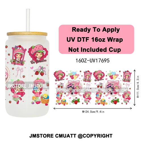 90s Cartoon Strawberry Characters Coquette Bow 16OZ UV DTF Cup Wraps Ready To Apply Transfer Stickers For Libbey Glass Can Mugs