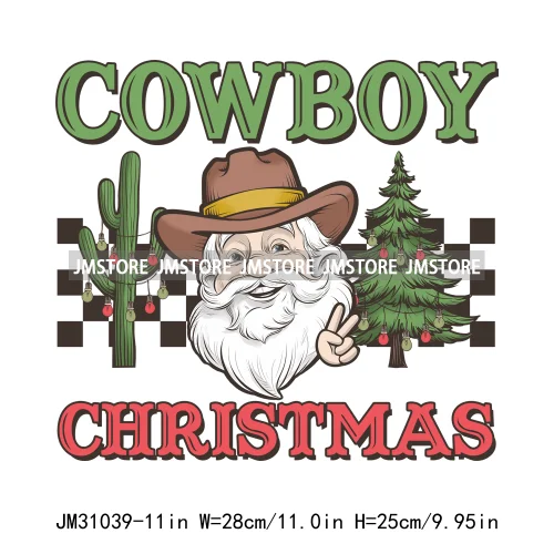 Retro Western Joy Santa Howdy Rocking Round The Christmas Tree Iron On DTF Transfers Stickers Ready To Press For Sweatshirts