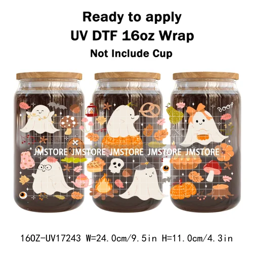 Bookish Autumn Fall Coquette Pumpkins Season UV DTF Wraps Transfer Sticker Selfadhesive Waterproof For 16OZ Libbey Glass Can Mug