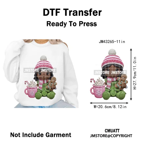 Faux Yarn Pink Hot Cocoa Cartoon Character Santa Cozy Christmas Iron on  DTF Transfers Stickers Ready to Press for T-shirts Bags