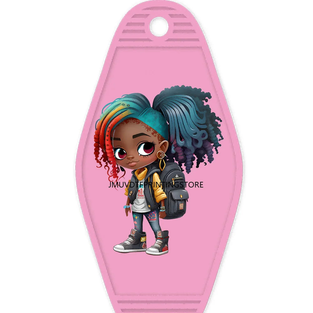 School Melanin Black Girls With Luggage High Quality WaterProof UV DTF Sticker For Motel Hotel Keychain Afro Children