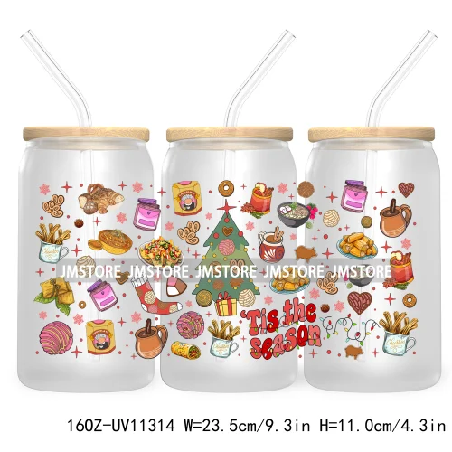 Tis The Season Christmas Mexican Food Pan Dulce UV DTF Transfer 16OZ Libbey Glass Can Wrap Ready to Apply Christmas Reindeer