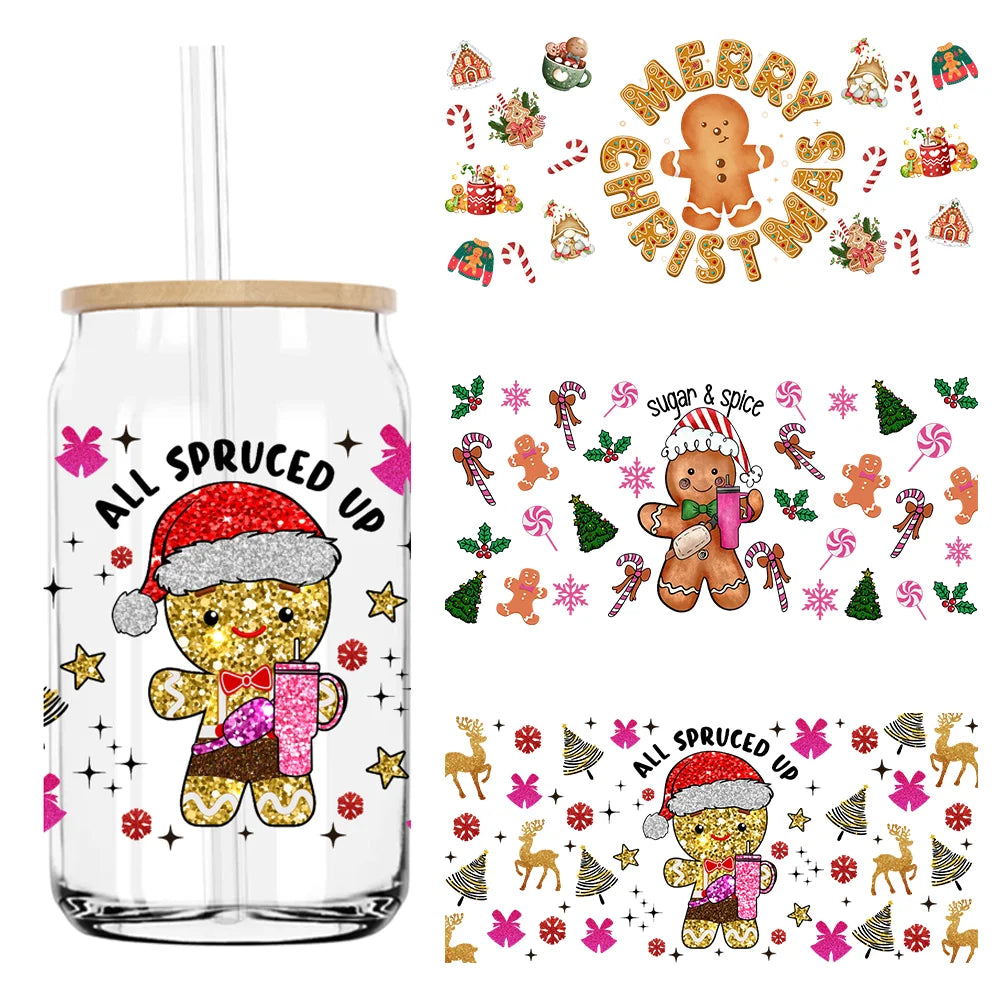 Merry Christmas Glitter Gingerbread UV DTF Sticker For 16OZ Libbey Glass Cup Can Wrap Transfer Sticker Custom Labels DIY Logo