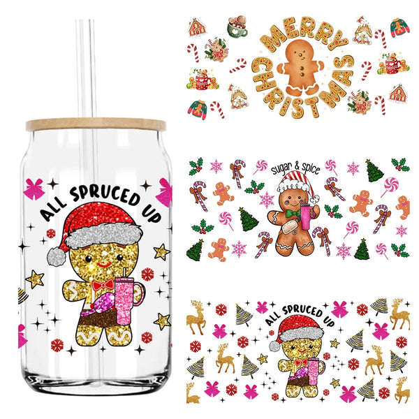 Merry Christmas Glitter Gingerbread UV DTF Sticker For 16OZ Libbey Glass Cup Can Wrap Transfer Sticker Custom Labels DIY Logo