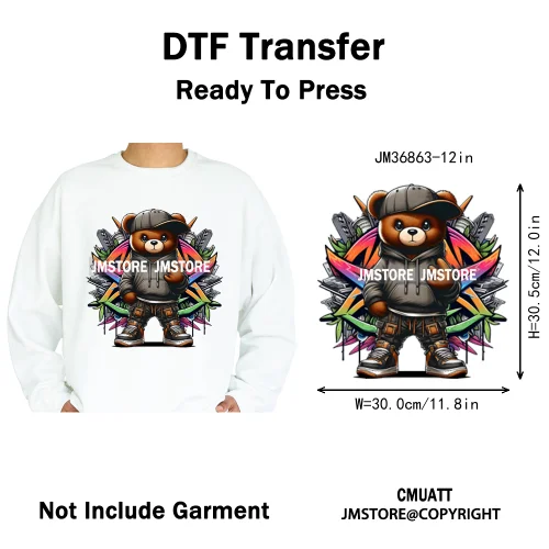 12in Hip Hop Vibes Urban Style Rich Bear With Gold Chains King Animal Iron on DTF Transfers Stickers Ready to Press for Textile