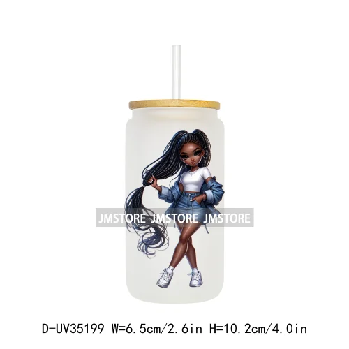 Fashion Black Chibi Denim Girl UV DTF Transfer Stickers Decals Ready To Apply Waterproof For 16OZ Libbey Glass Can Cup Tumbler