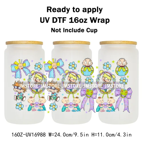 Coquette Bow Cartoon Turtles Characters 16OZ UV DTF Cup Wraps Ready To Apply Waterproof Transfer Stickers For Libbey Glass Can