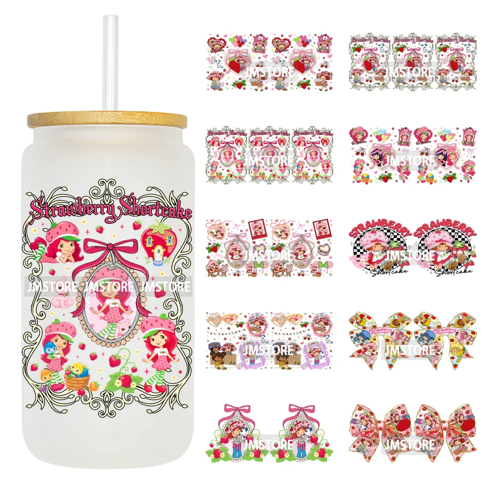 90s Cartoon Strawberry Characters Coquette Bow 16OZ UV DTF Cup Wraps Ready To Apply Transfer Stickers For Libbey Glass Can Mugs