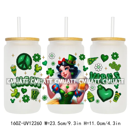 Happy St Patricks Cartoon Princess Characters Feeling Lucky Four Leaf Clover 16OZ UV DTF Cup Wrap Sticker For Libbey Glass Can