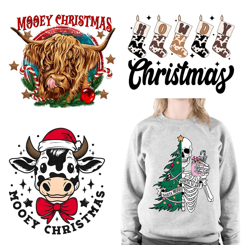 Retro Mooey Howdy Christmas Highland Cow Western Jingle Horse DTF Sticker Sorta Scary Sorta Merry Transfer Printing For Clothes