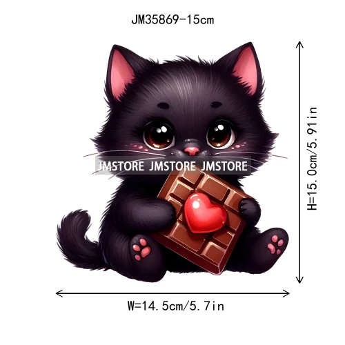 15cm 5.9in Kids Cute Flower Heart Love Valentine Black Cat Iron On Heat Transfer Sticker For Clothes Print Vinyl Washable Decal