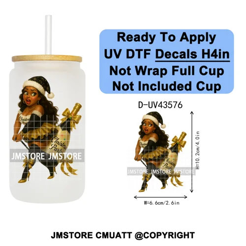 Fashion Black Girl Christmas Party UV DTF Cup Decals Ready To Apply Transfer Stickers Durable Custom Prints For Libbey Glass Can