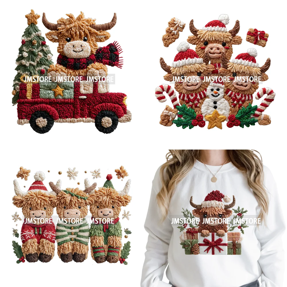 Faux Latch Hook Yarn Crochet Christmas Highland Cow Santa Iron on DTF Washable Transfer Stickers Ready to Press for Garment Bags