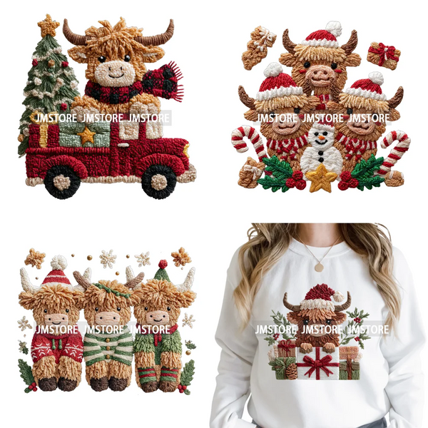 Faux Latch Hook Yarn Crochet Christmas Highland Cow Santa Iron on DTF Washable Transfer Stickers Ready to Press for Garment Bags