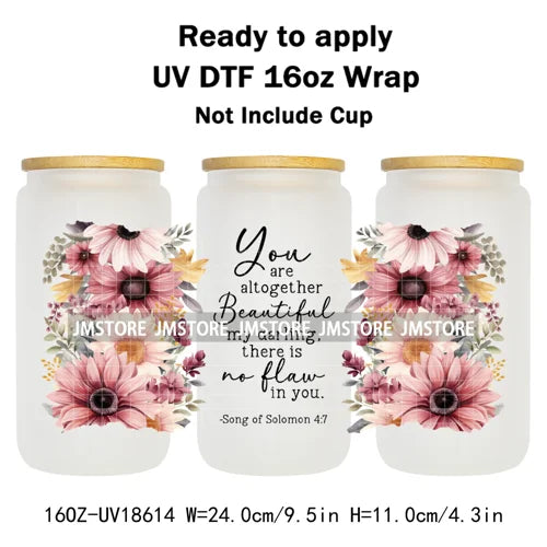 Floral Christian Jesus Bible Verse UV DTF Cup Wrap Ready To Apply Transfer Stickers Waterproof Wraps For 16OZ  Libbey Glass Can